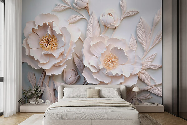 Flores e folhas brancas sobre uma superfície branca Flores e folhas brancas sobre uma superfície branca