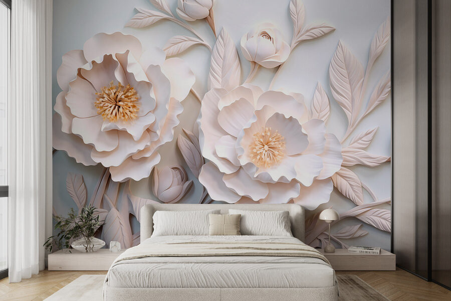 Flores e folhas brancas sobre uma superfície branca