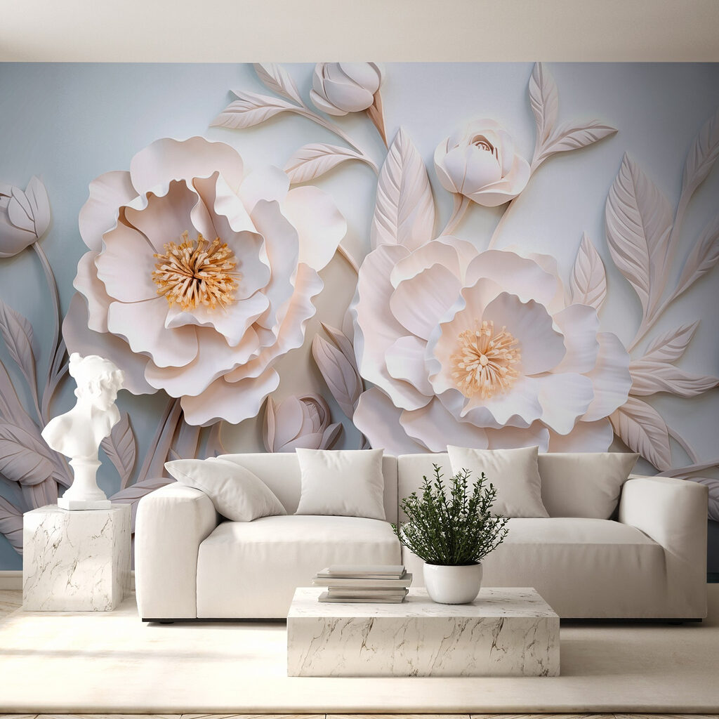 White flowers and leaves on a white surface White flowers and leaves on a white surface