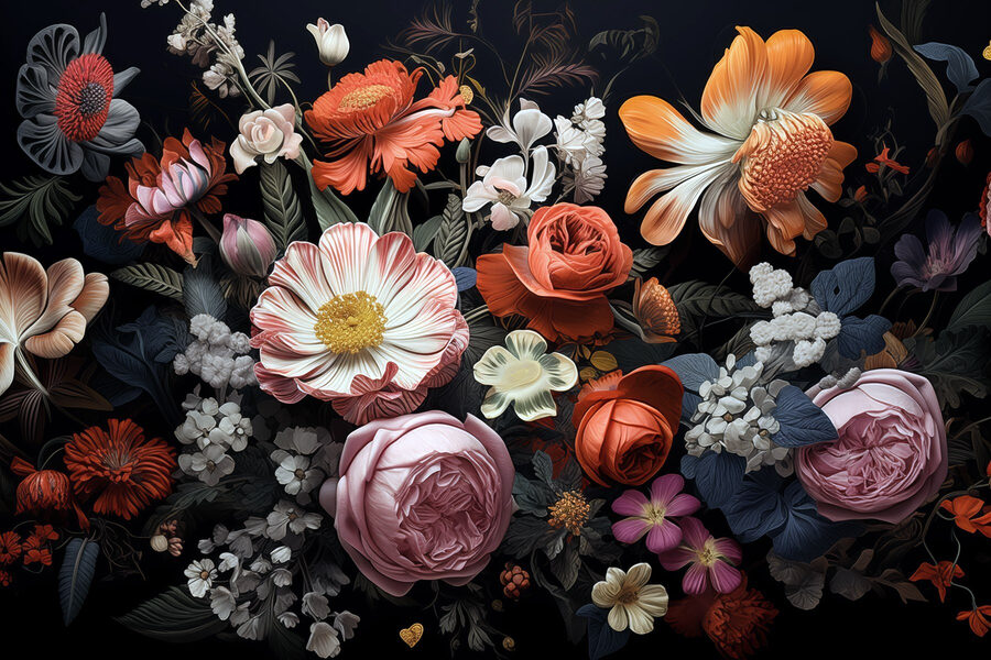 Grupo de flores sobre um fundo preto