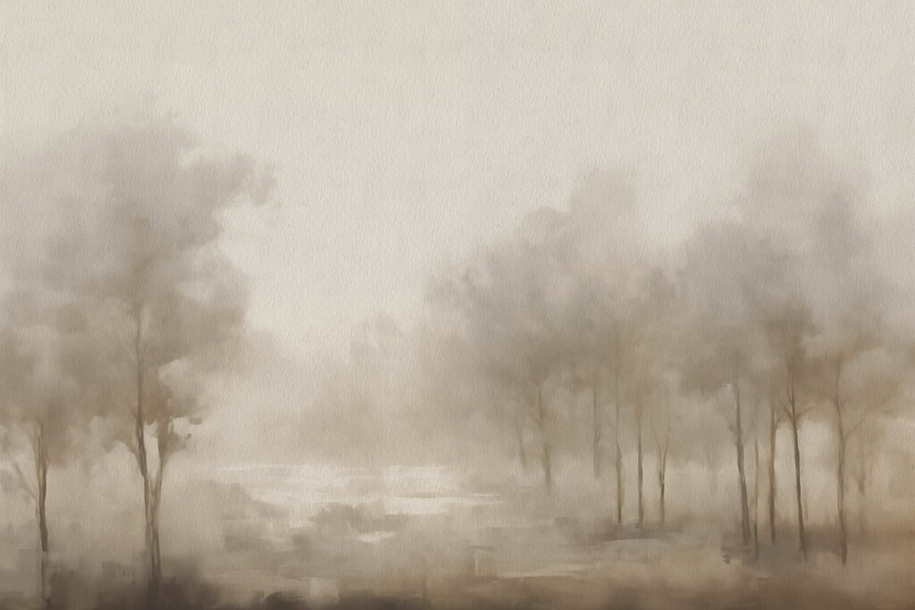 Paisagem de nevoeiro com árvores Paisagem de nevoeiro com árvores