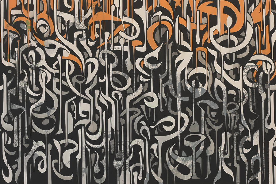 Arte a preto e branco com linhas a laranja e branco