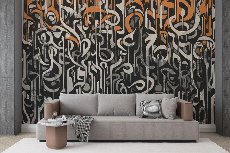 Arte a preto e branco com linhas a laranja e branco