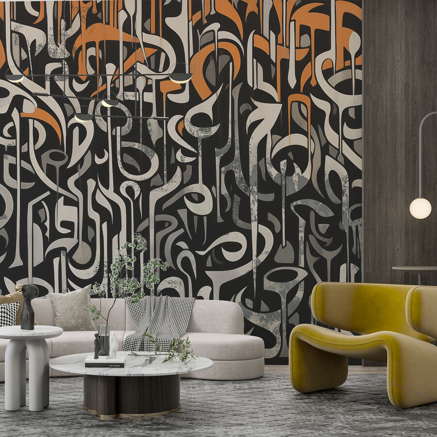 Arte a preto e branco com linhas a laranja e branco