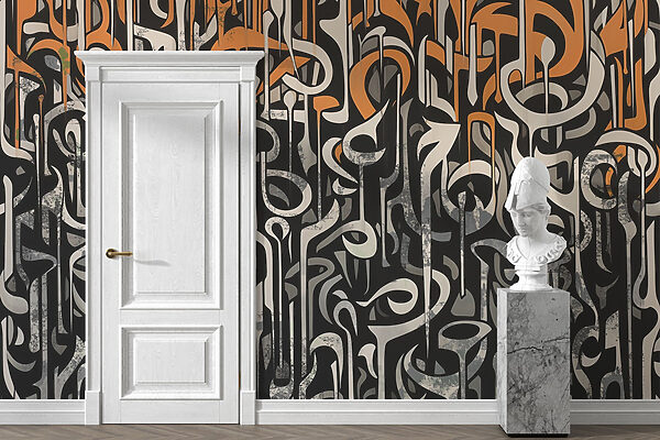 Arte a preto e branco com linhas a laranja e branco Arte a preto e branco com linhas a laranja e branco