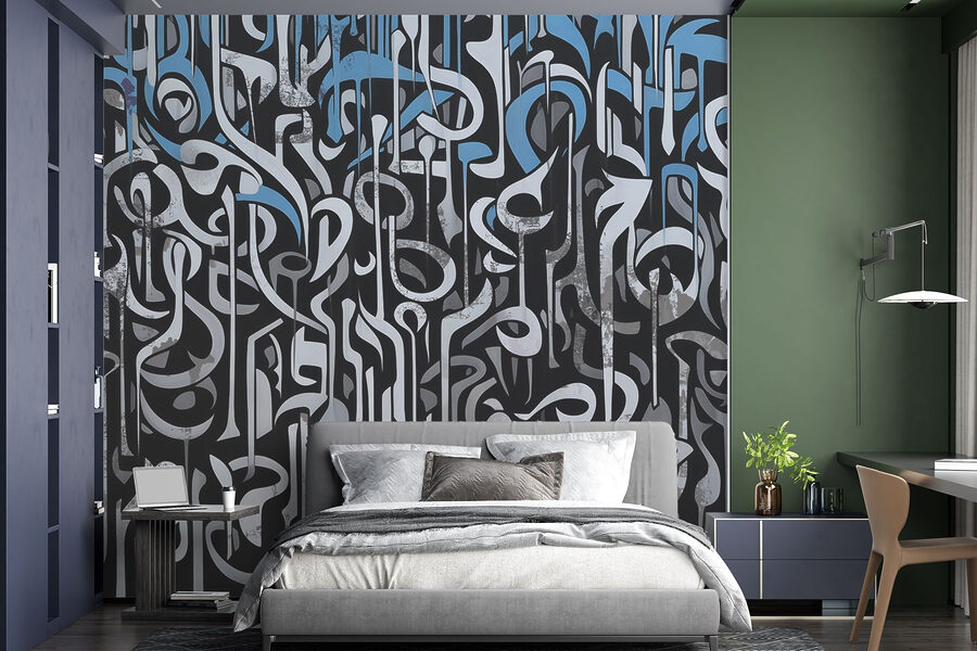 Papel de parede Arte a preto e branco com linhas azuis e brancas