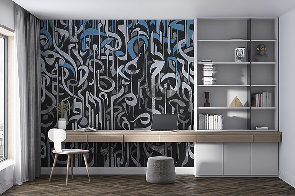 Arte a preto e branco com linhas azuis e brancas Arte a preto e branco com linhas azuis e brancas