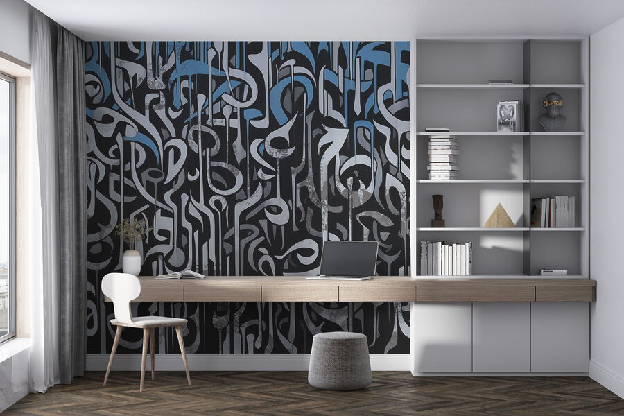 Papel de parede Arte a preto e branco com linhas azuis e brancas - Image 2