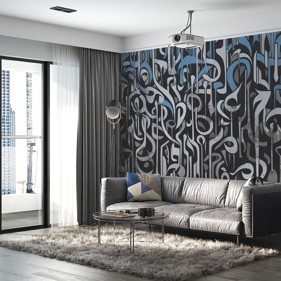 Papel de parede Arte a preto e branco com linhas azuis e brancas - Image 3