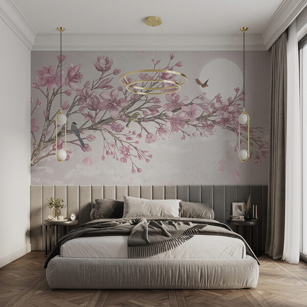 Pintura de um ramo com flores cor-de-rosa e pássaros Pintura de um ramo com flores cor-de-rosa e pássaros