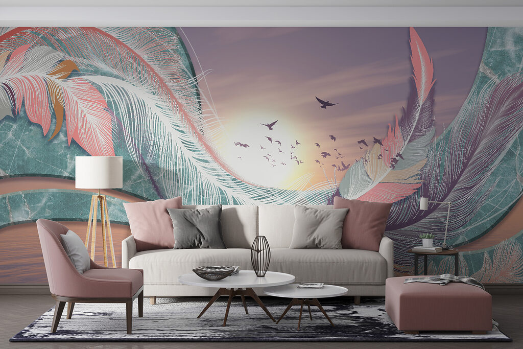 Colorful feathers and birds flying over water