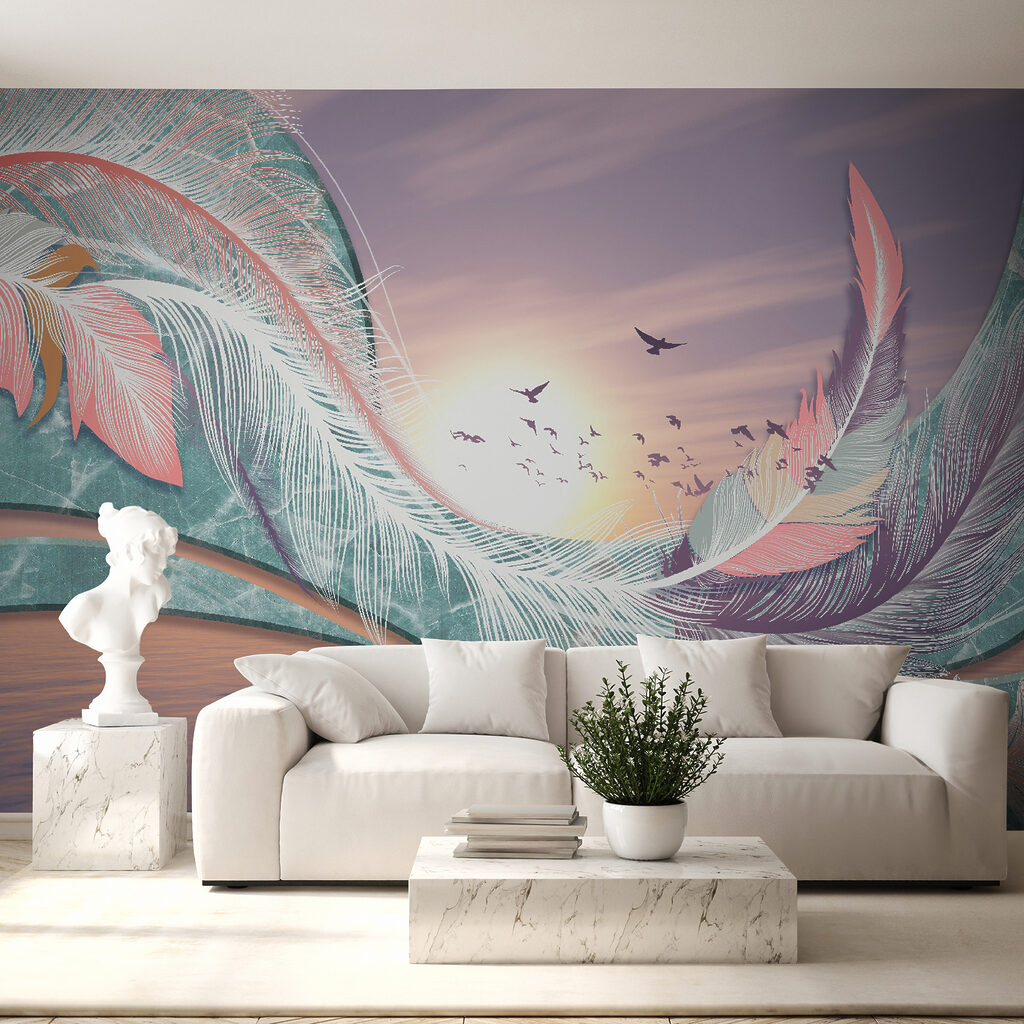 Colorful feathers and birds flying over water