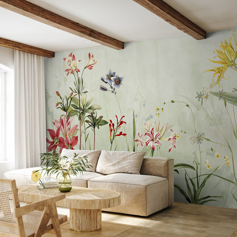 Flores vibrantes em tons verdes suaves.