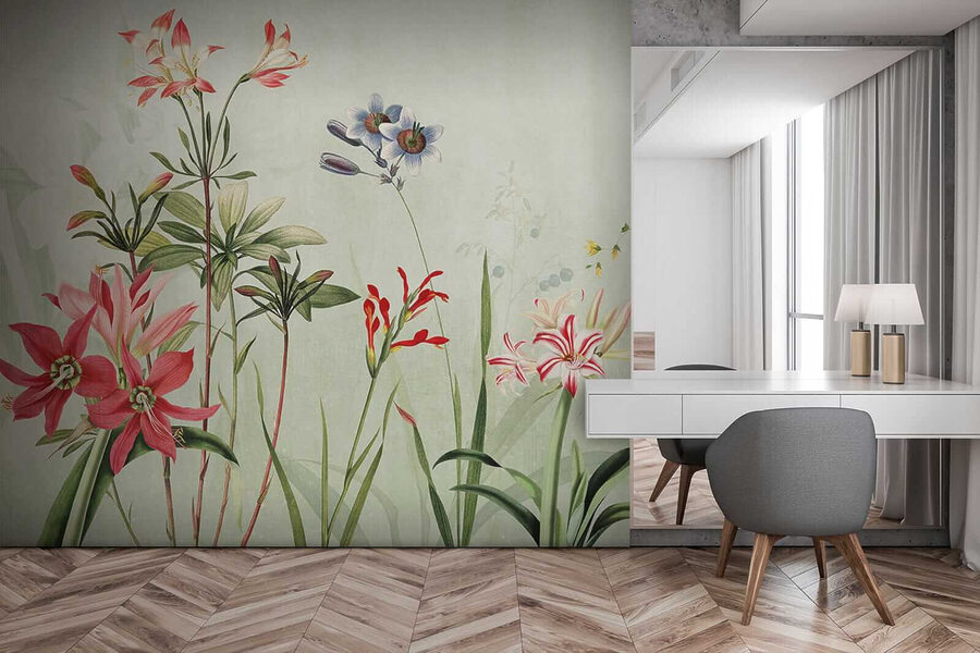 Flores vibrantes em tons verdes suaves.