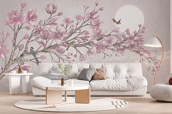 Pintura de um ramo com flores cor-de-rosa e pássaros Pintura de um ramo com flores cor-de-rosa e pássaros