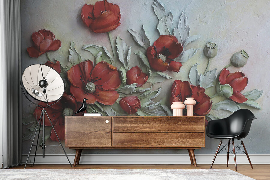 Flores vermelhas vibrantes em tons suaves.