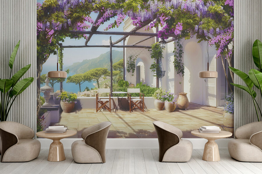 Pátio com flores e plantas roxas