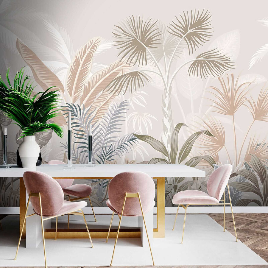 Folhas tropicais em tons pastel suaves.