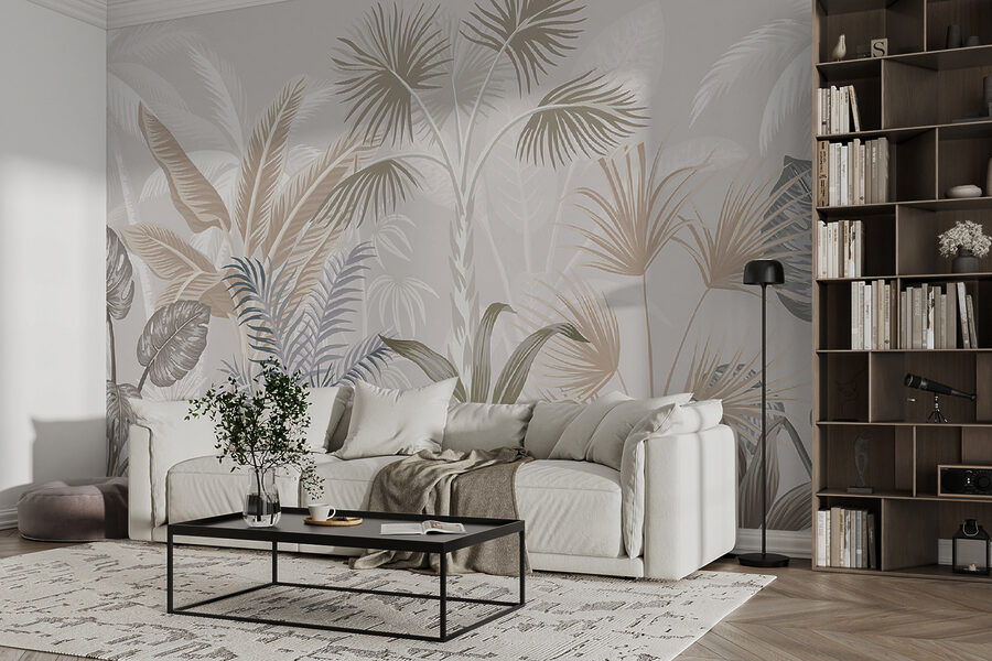 Folhas tropicais em tons pastel suaves.
