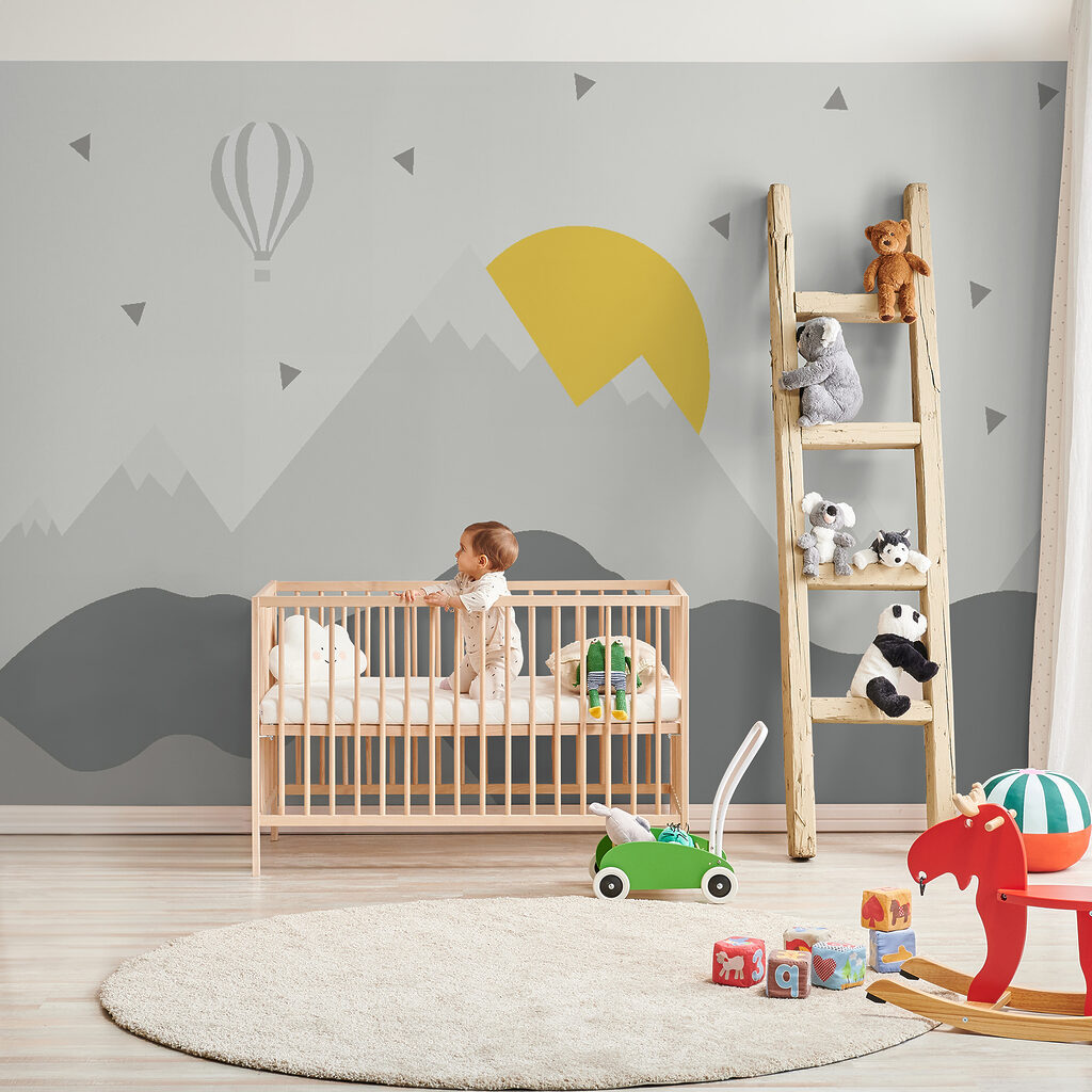 Mountain landscape with a hot air balloon and a sun Mountain landscape with a hot air balloon and a sun