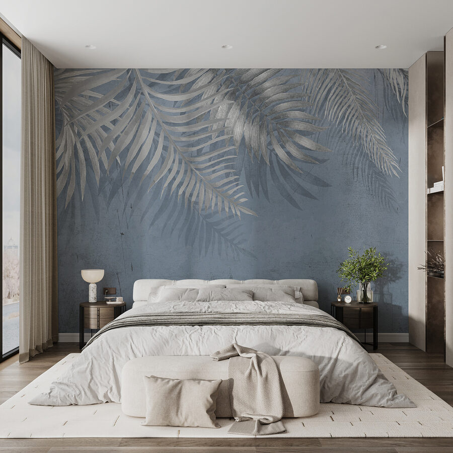Fundo azul com folhas prateadas