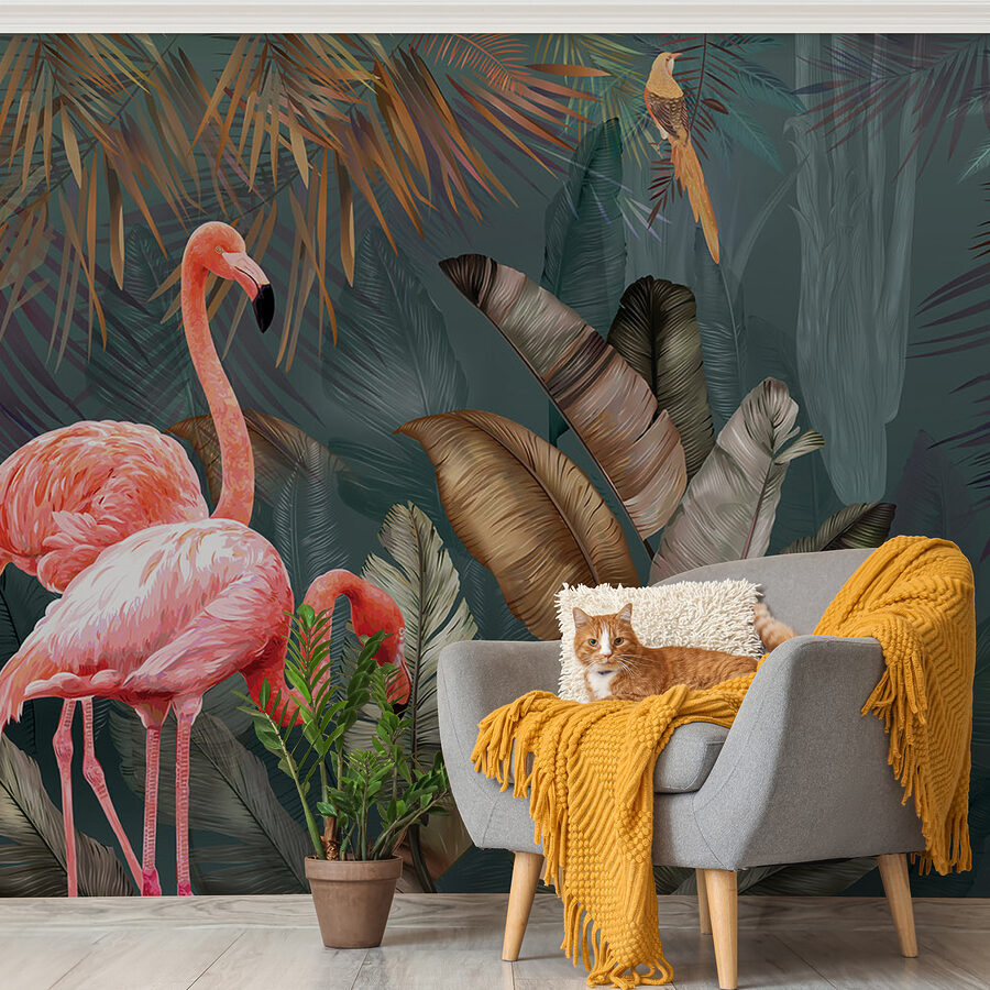 Papel de parede Flamingos cor-de-rosa e um pássaro numa floresta - Image 2