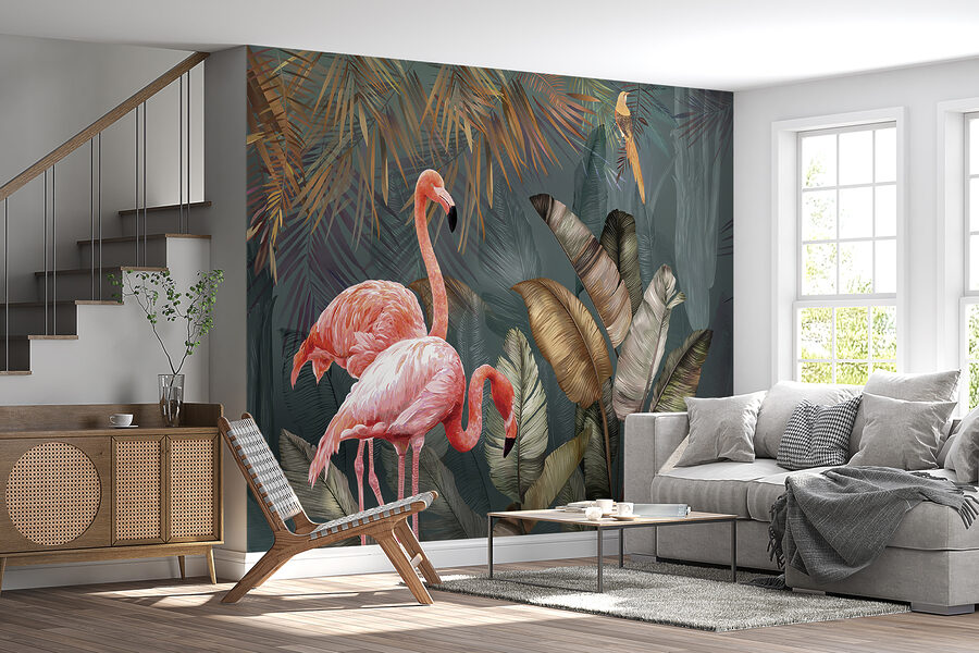 Papel de parede Flamingos cor-de-rosa e um pássaro numa floresta - Image 3