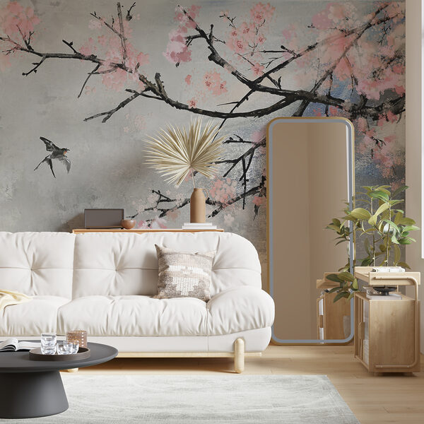 Ramo de árvore com flores cor-de-rosa e pássaros a voar Ramo de árvore com flores cor-de-rosa e pássaros a voar