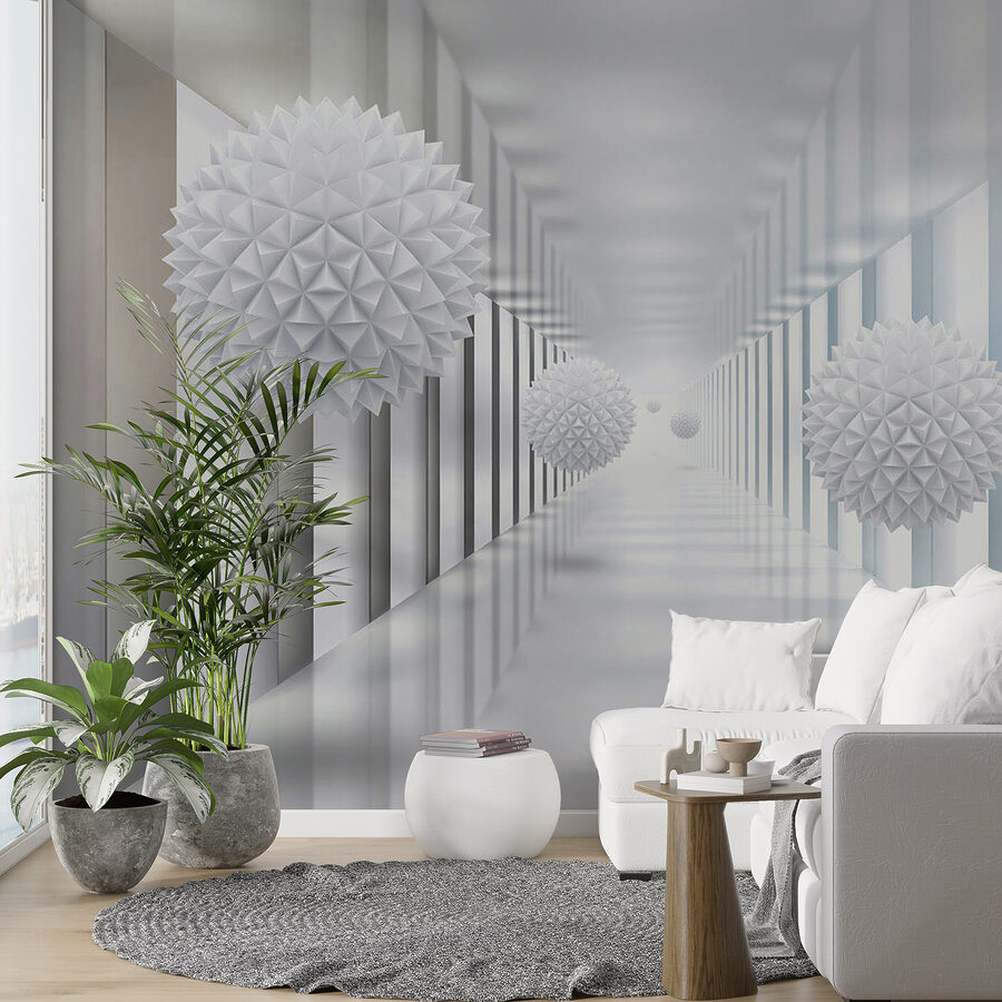 Quarto branco com bolas brancas