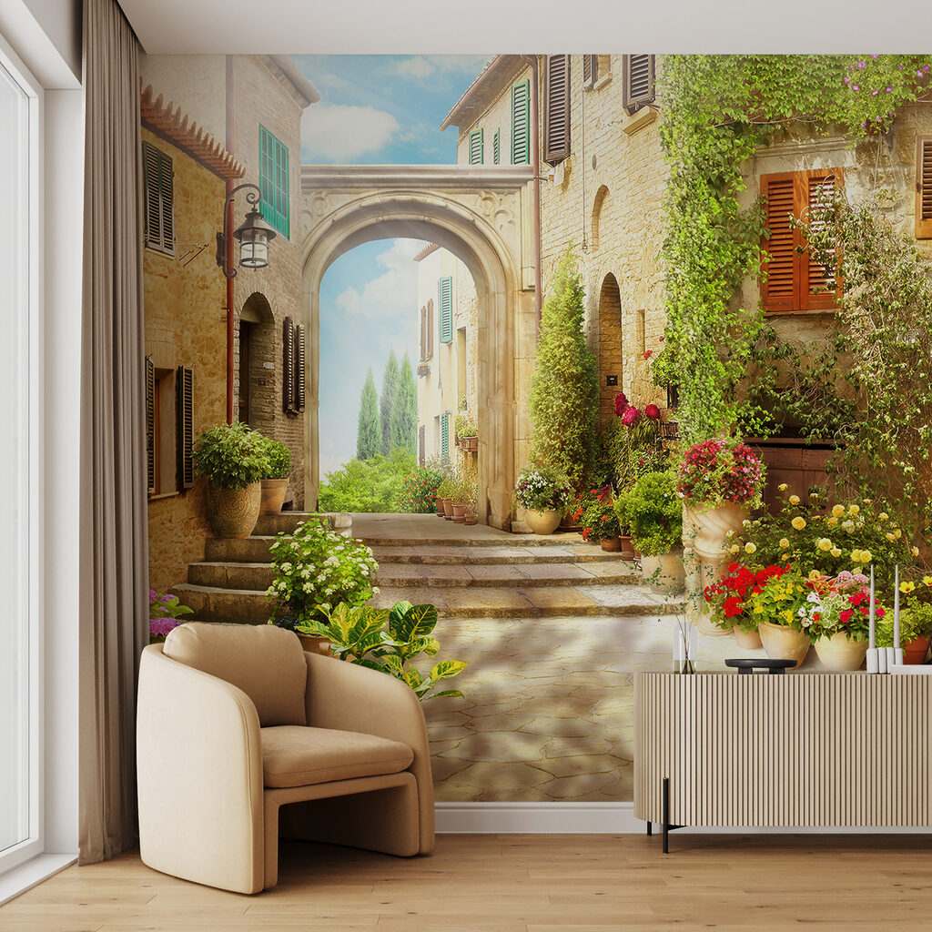 Stone building with a door and a doorway with plants in pots