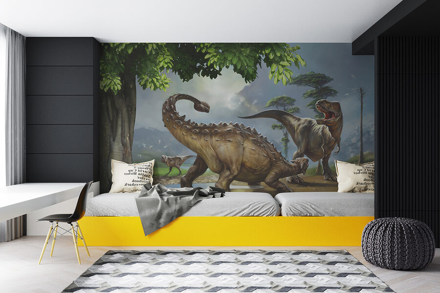 Papel de parede Pintura de dinossauros perto de um rio - Image 11