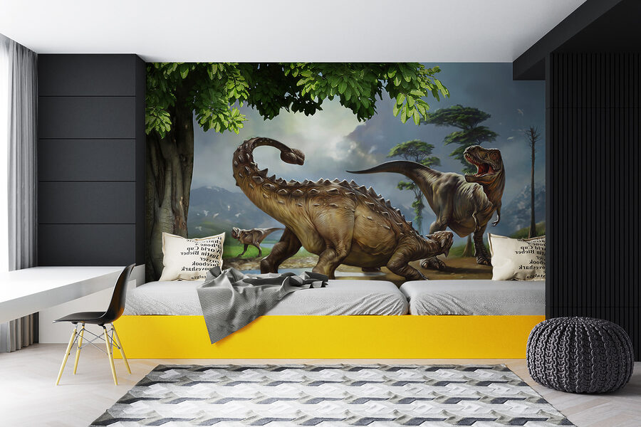 Papel de parede Pintura de dinossauros perto de um rio - Image 13