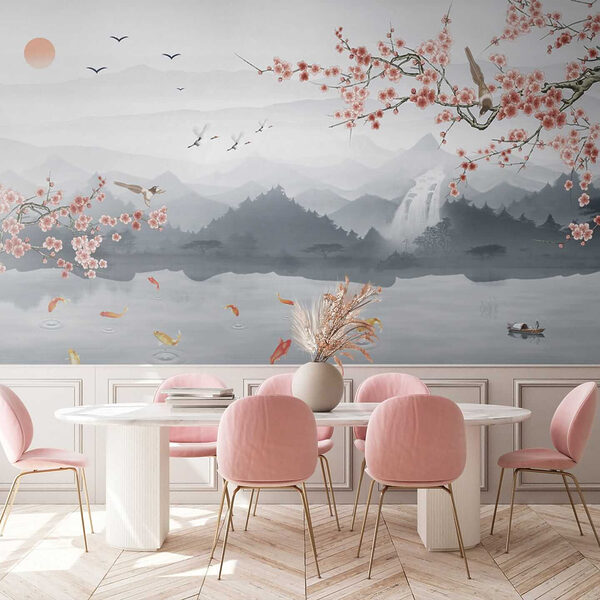 Pintura de um rio com uma cascata e pássaros Pintura de um rio com uma cascata e pássaros