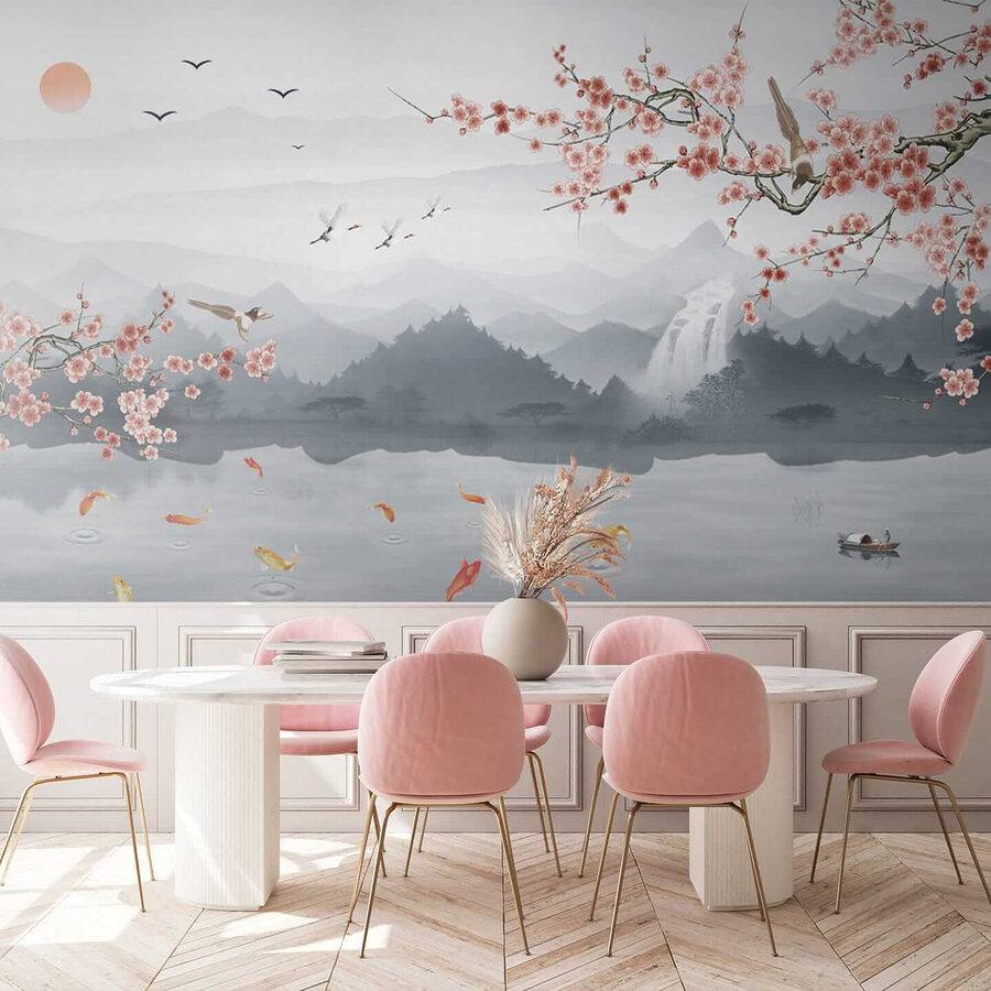 Pintura de um rio com uma cascata e pássaros