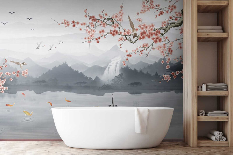 Pintura de um rio com uma cascata e pássaros