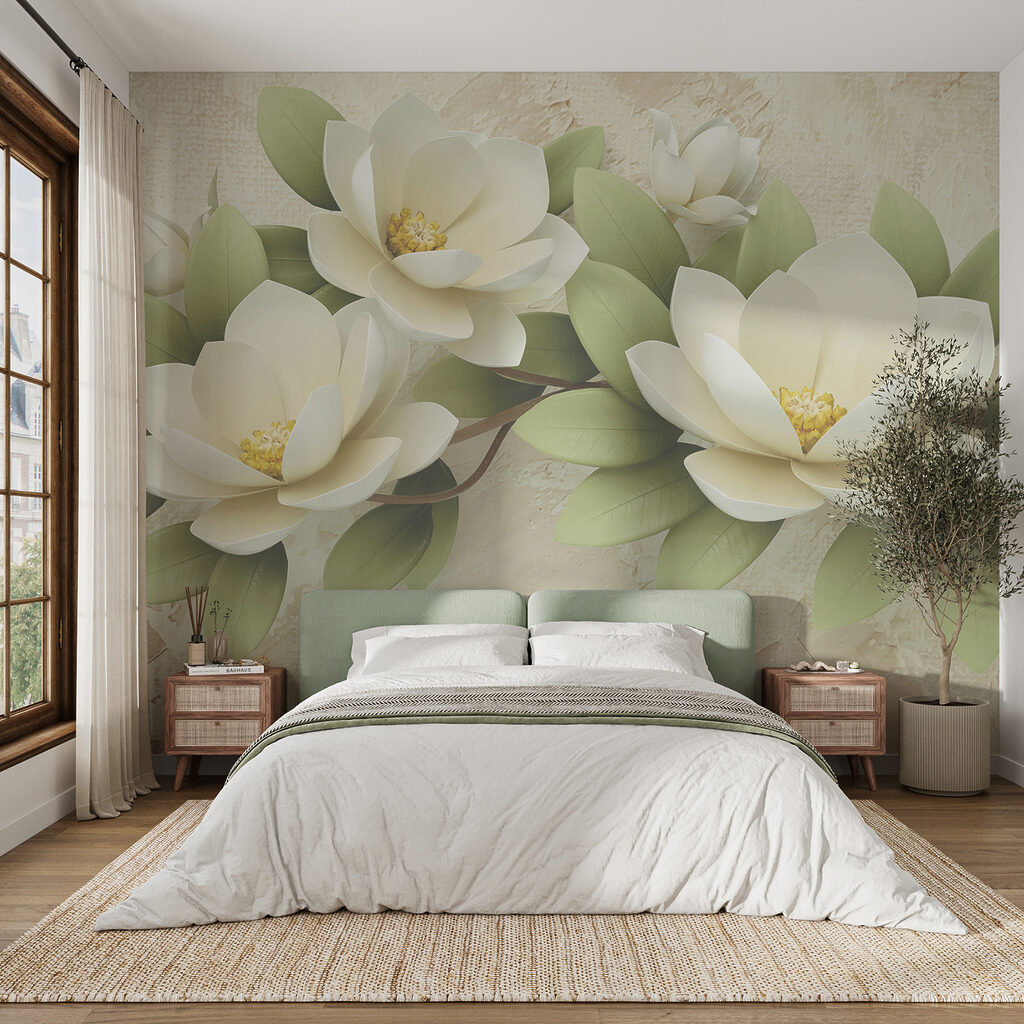 Group of white flowers with green leaves