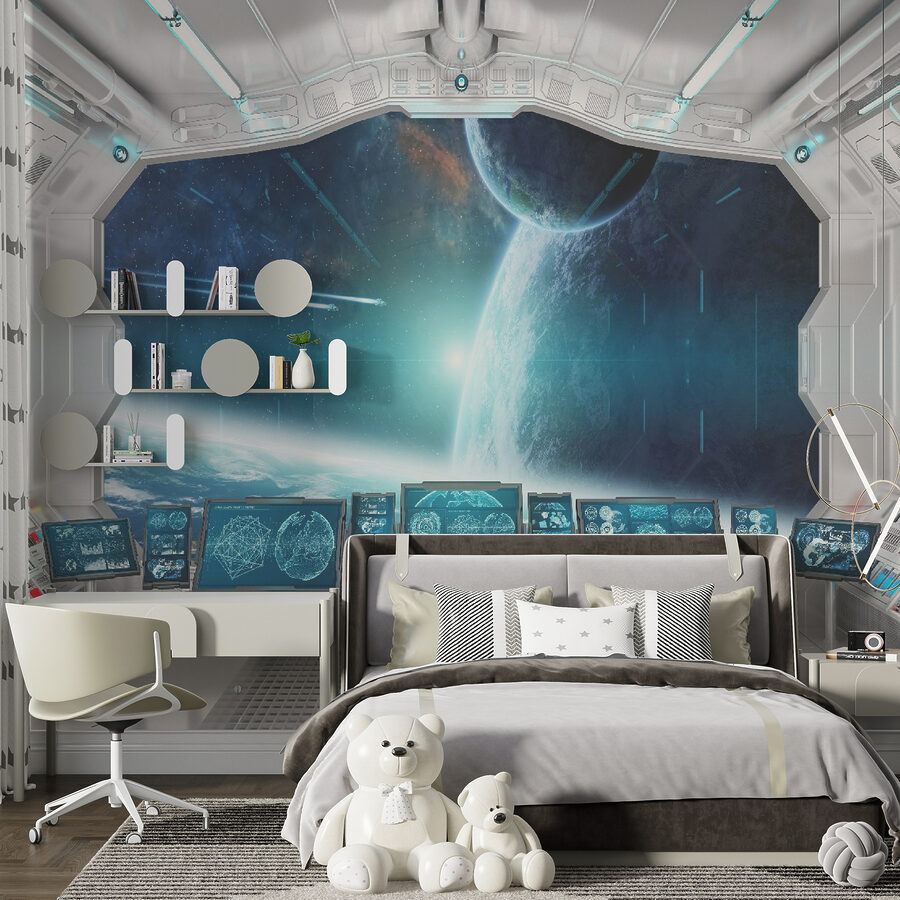 Quarto com biombos e vista para a terra a partir da janela