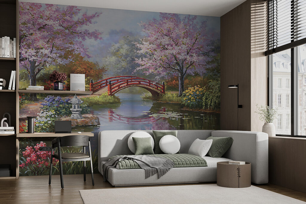 Pintura de um lago com uma ponte e flores u35418pib3mr 1024x683 - Pintura de um lago com uma ponte e flores