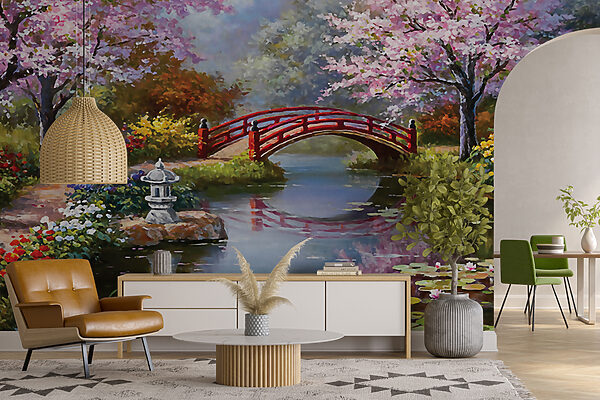 Pintura de um lago com uma ponte e flores u35418pig16mr 600x400 - Pintura de um lago com uma ponte e flores