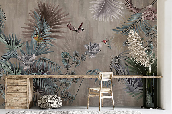 Papel de parede com pássaros e flores Papel de parede com pássaros e flores
