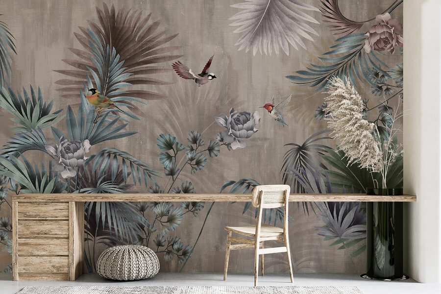 Papel de parede com pássaros e flores