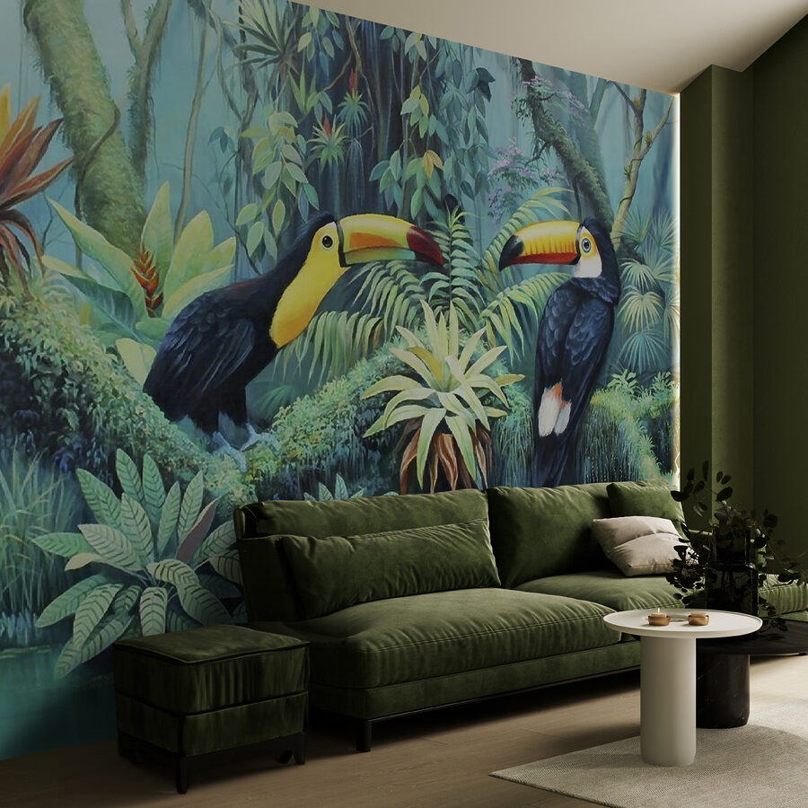 Pintura de aves numa floresta Pintura de aves numa floresta