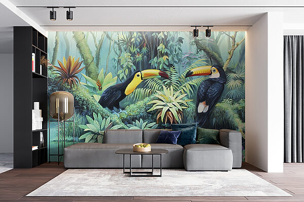 Pintura de aves numa floresta Pintura de aves numa floresta