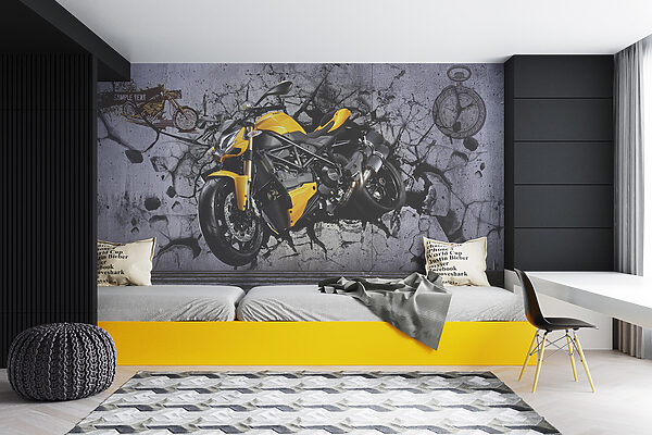 Motociclo amarelo numa parede Motociclo amarelo numa parede