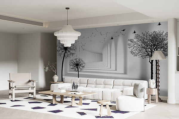 Quarto branco com árvores e pássaros a voar Quarto branco com árvores e pássaros a voar