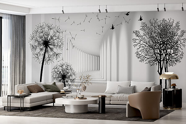 Quarto branco com árvores e pássaros a voar Quarto branco com árvores e pássaros a voar