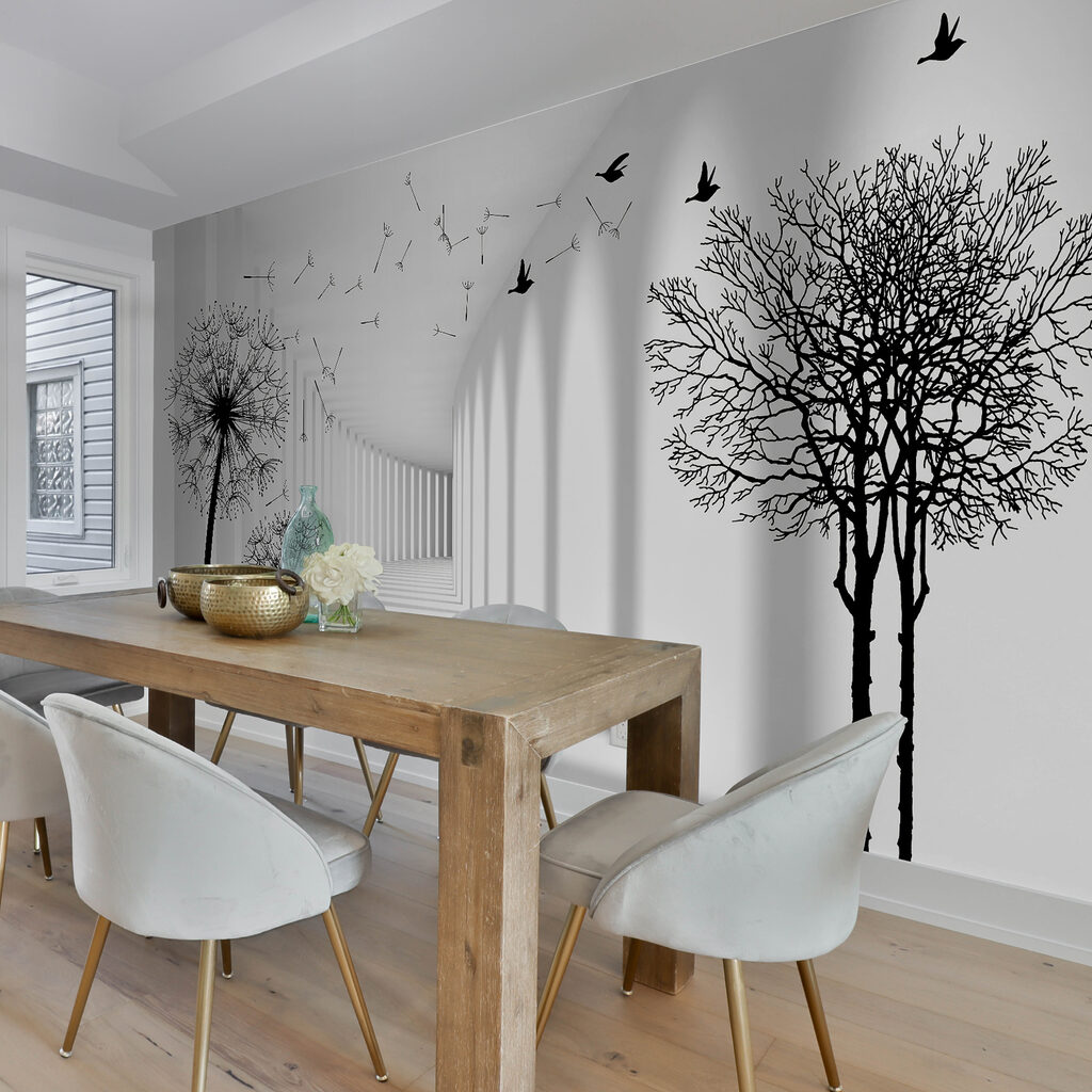 Quarto branco com árvores e pássaros a voar u37803piq5ms 1024x1024 - Quarto branco com árvores e pássaros a voar