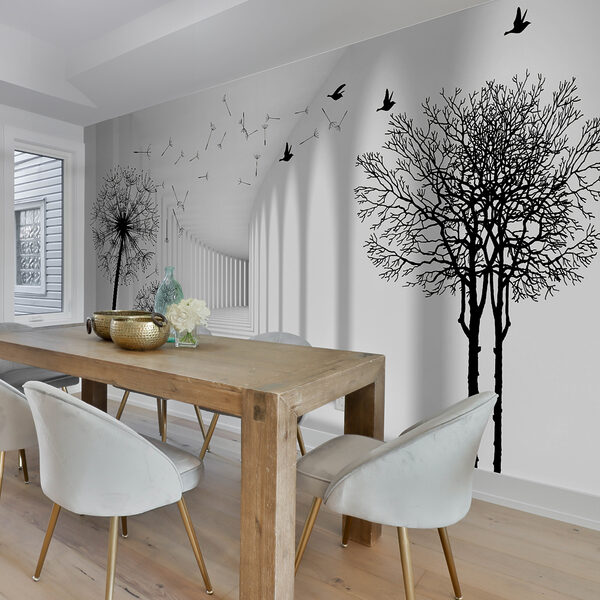 Quarto branco com árvores e pássaros a voar Quarto branco com árvores e pássaros a voar
