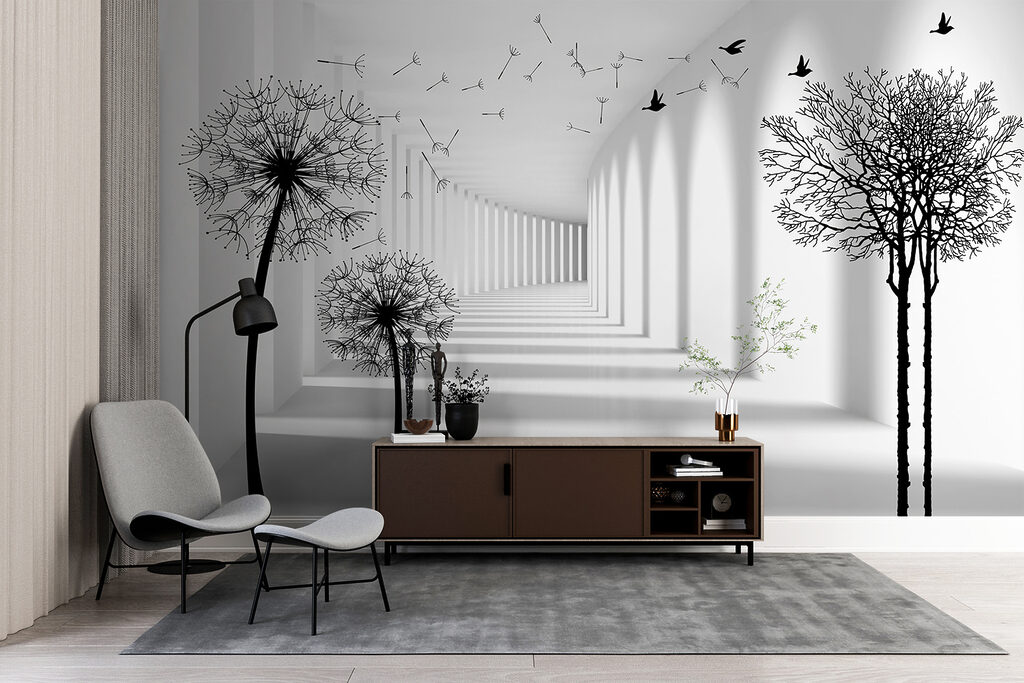 Quarto branco com árvores e pássaros a voar u37803pih2r 1024x683 - Quarto branco com árvores e pássaros a voar