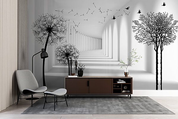 Quarto branco com árvores e pássaros a voar Quarto branco com árvores e pássaros a voar